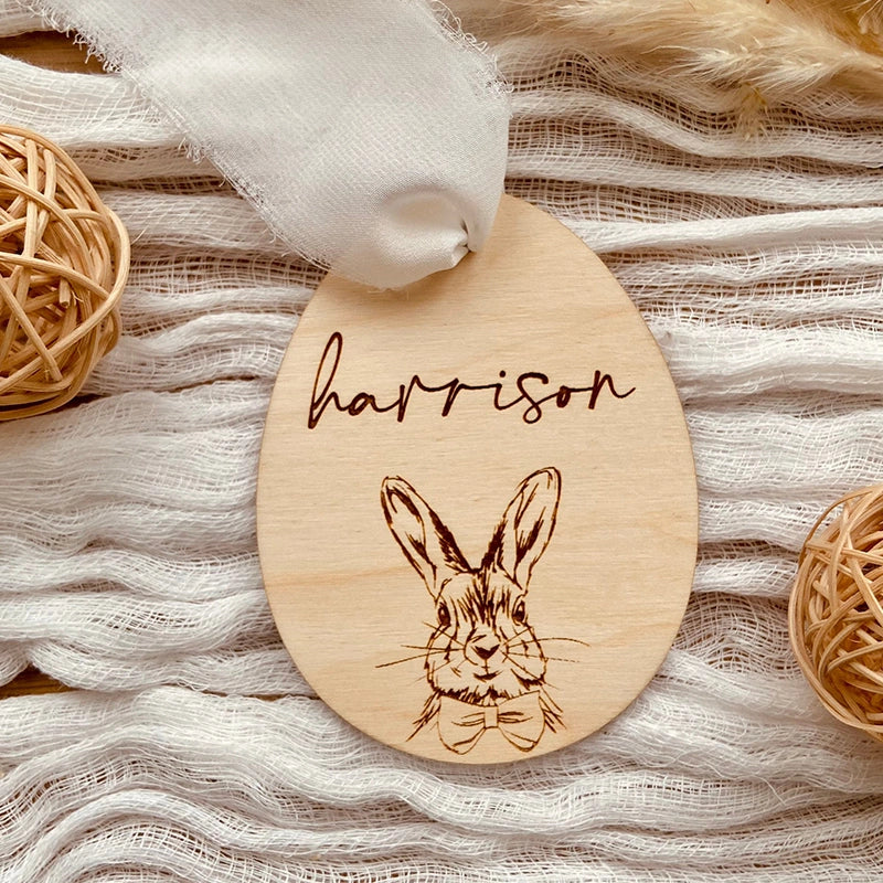Personalized Easter Basket Name Tag – Custom Wooden Bunny Easter Tag for Kids
