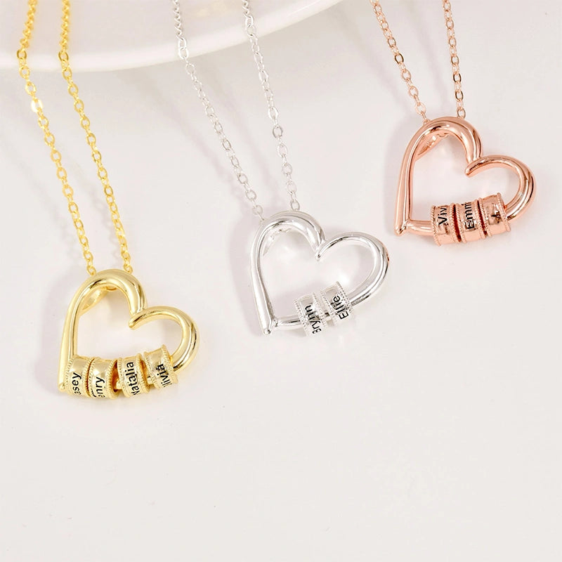 Personalized Family Heart Necklace – Custom Name Beads Pendant for Mom