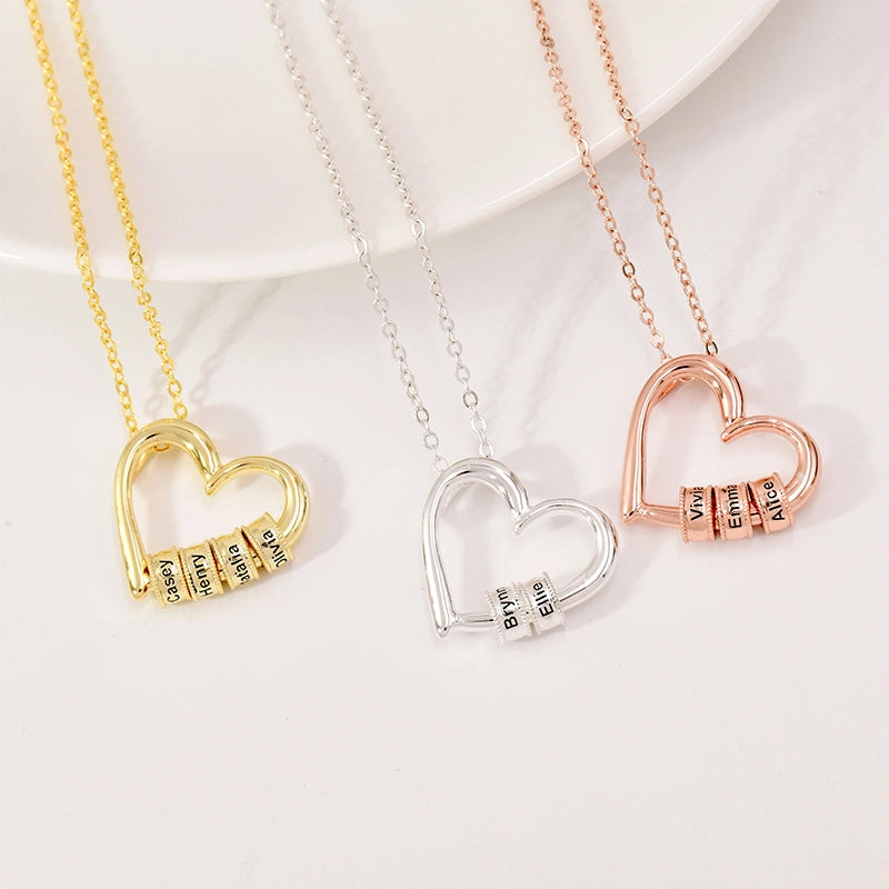 Personalized Family Heart Necklace – Custom Name Beads Pendant for Mom
