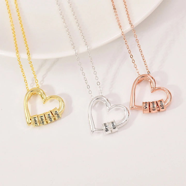 Personalized Family Heart Necklace – Custom Name Beads Pendant for Mom