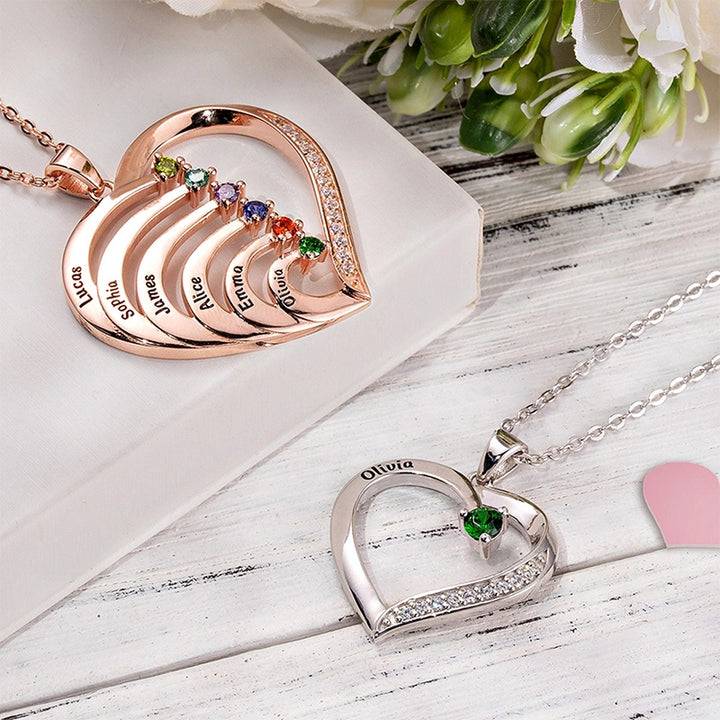Personalized Family Heart Necklace with Names & Birthstones (Up to 6 Stones) – Custom Mother’s Day Gift for Mom