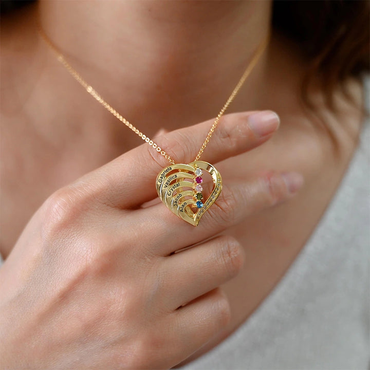 Personalized Family Heart Necklace with Names & Birthstones (Up to 6 Stones) – Custom Mother’s Day Gift for Mom