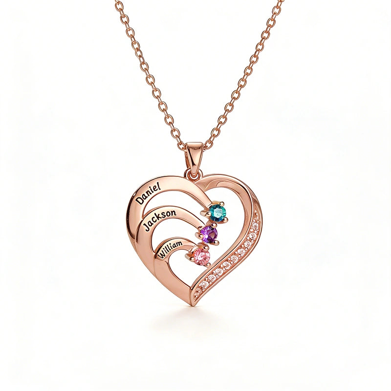 Personalized Family Heart Necklace with Names & Birthstones (Up to 6 Stones) – Custom Mother’s Day Gift for Mom