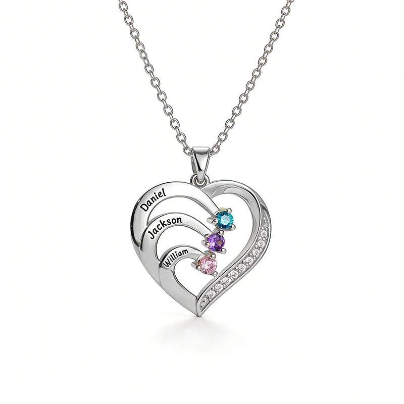 Personalized Family Heart Necklace with Names & Birthstones (Up to 6 Stones) – Custom Mother’s Day Gift for Mom