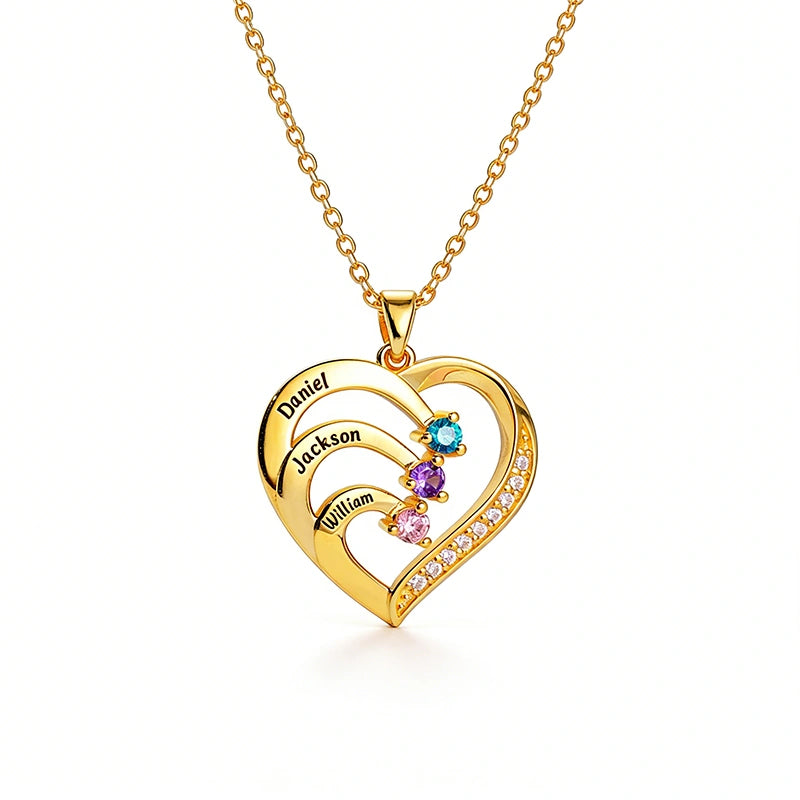 Personalized Family Heart Necklace with Names & Birthstones (Up to 6 Stones) – Custom Mother’s Day Gift for Mom
