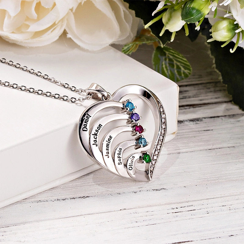 Personalized Family Heart Necklace with Names & Birthstones (Up to 6 Stones) – Custom Mother’s Day Gift for Mom