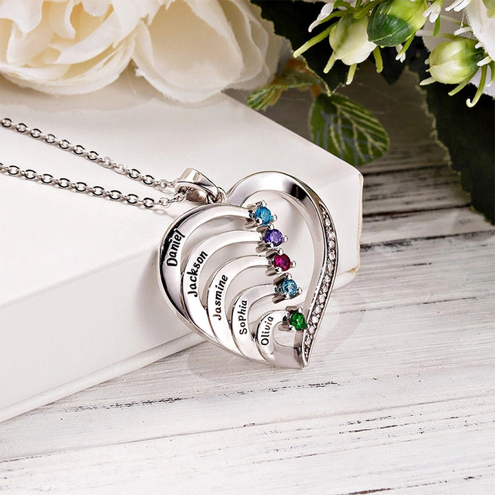 Personalized Family Heart Necklace with Names & Birthstones (Up to 6 Stones) – Custom Mother’s Day Gift for Mom