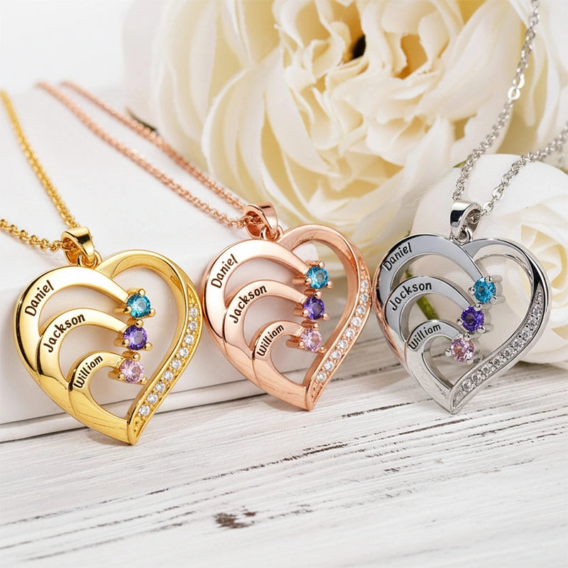 Personalized Family Heart Necklace with Names & Birthstones (Up to 6 Stones) – Custom Mother’s Day Gift for Mom