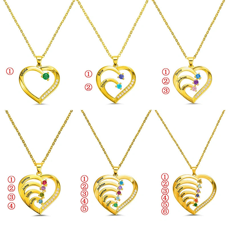 Personalized Family Heart Necklace with Names & Birthstones (Up to 6 Stones) – Custom Mother’s Day Gift for Mom