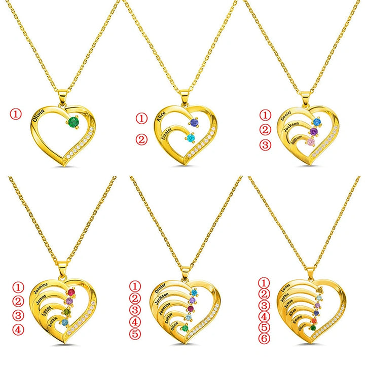 Personalized Family Heart Necklace with Names & Birthstones (Up to 6 Stones) – Custom Mother’s Day Gift for Mom