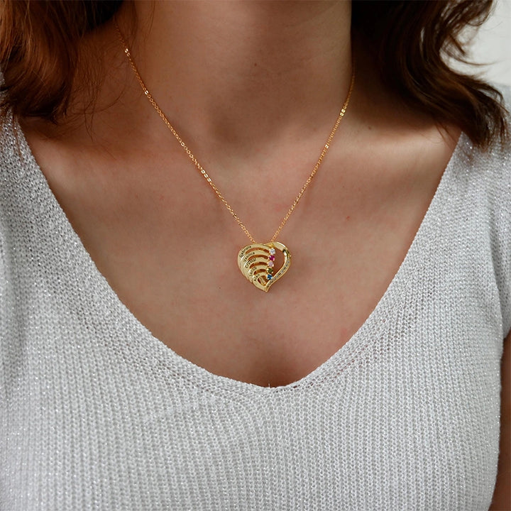 Personalized Family Heart Necklace with Names & Birthstones (Up to 6 Stones) – Custom Mother’s Day Gift for Mom