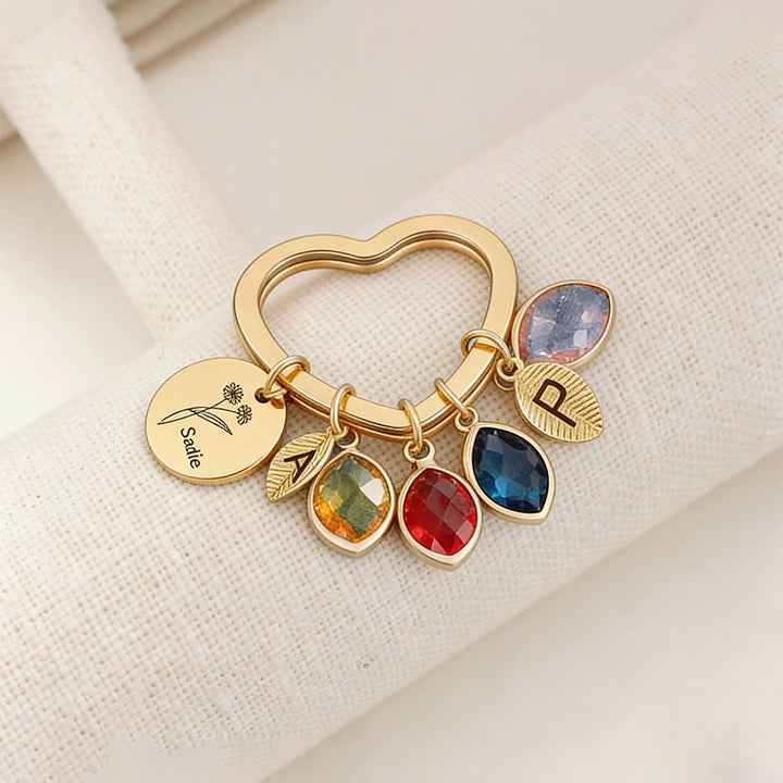Personalized Family Keychain with Birthstones – Custom Leaf Initial Keyring for Mom, Mother’s Day Gift for Grandma