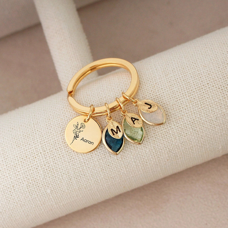 Personalized Family Keychain with Birthstones – Custom Leaf Initial Keyring for Mom, Mother’s Day Gift for Grandma