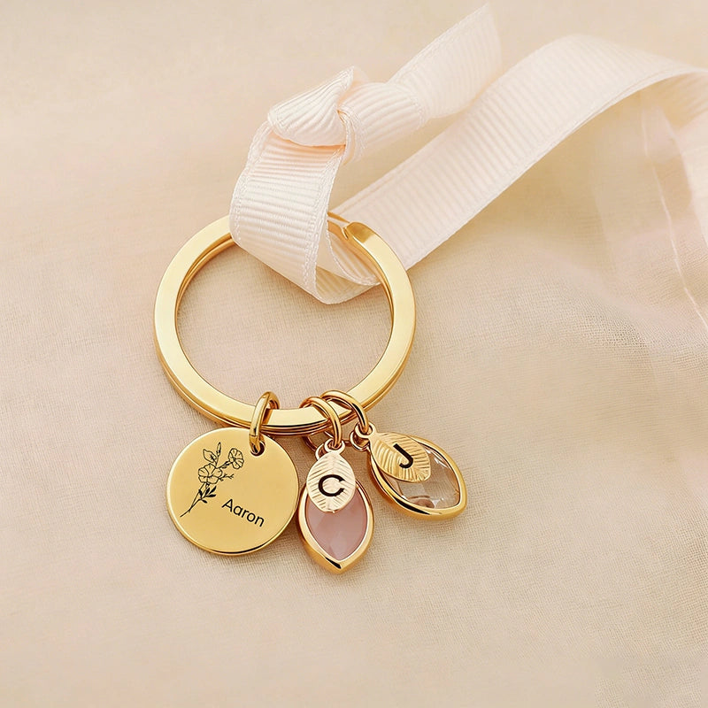 Personalized Family Keychain with Birthstones – Custom Leaf Initial Keyring for Mom, Mother’s Day Gift for Grandma