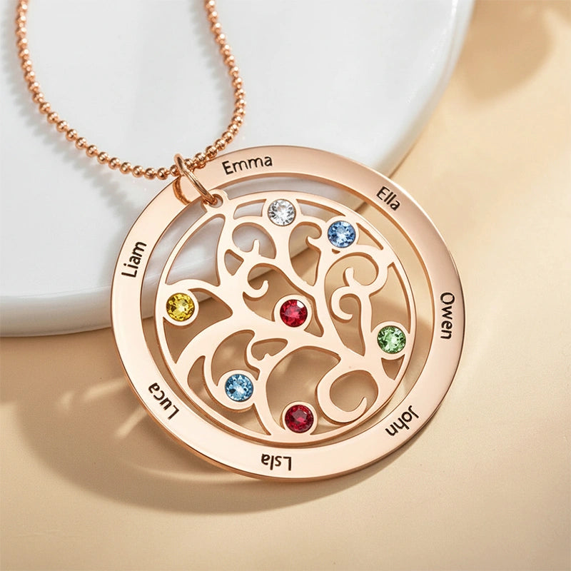Personalized Family Tree Birthstone Necklace – Custom Names Jewelry for Mom, Mother’s Day Gift, Grandma Birthstone Necklace