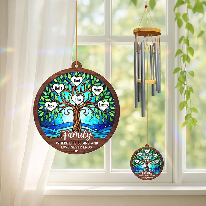 Personalized Family Tree Wind Chimes with Suncatcher – Custom Family Gift from Grandkids