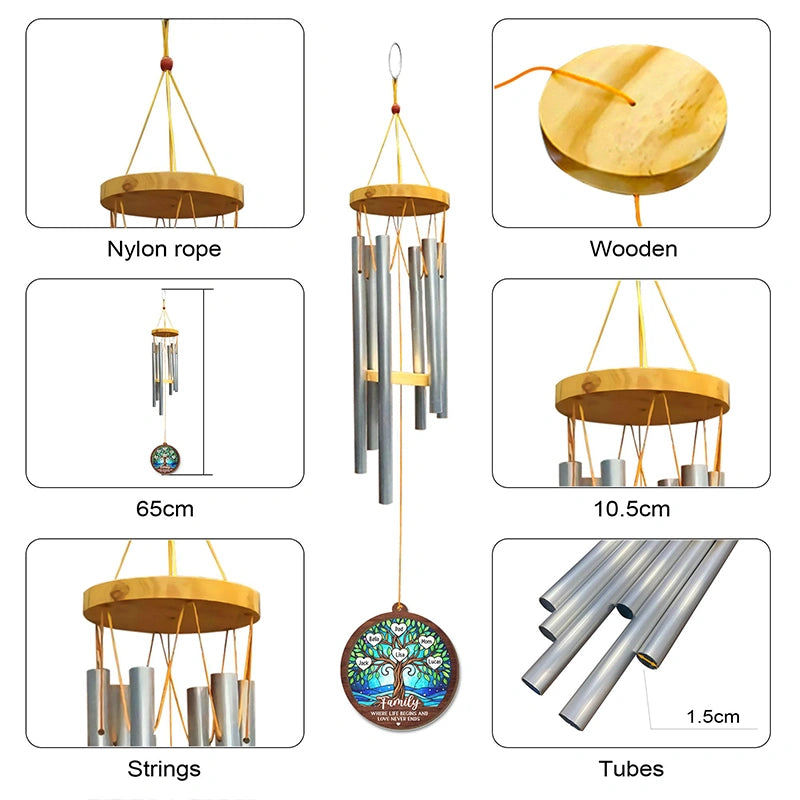 Personalized Family Tree Wind Chimes with Suncatcher – Custom Family Gift from Grandkids