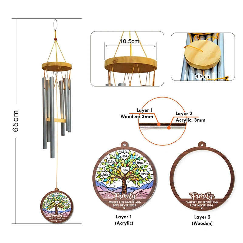 Personalized Family Tree Wind Chimes with Suncatcher – Custom Family Gift from Grandkids