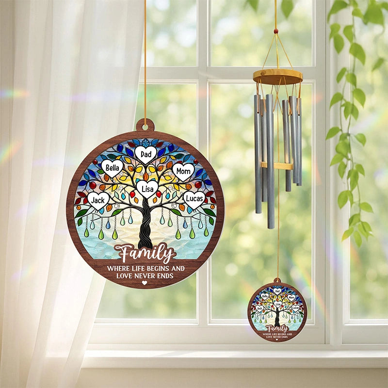 Personalized Family Tree Wind Chimes with Suncatcher – Custom Family Gift from Grandkids