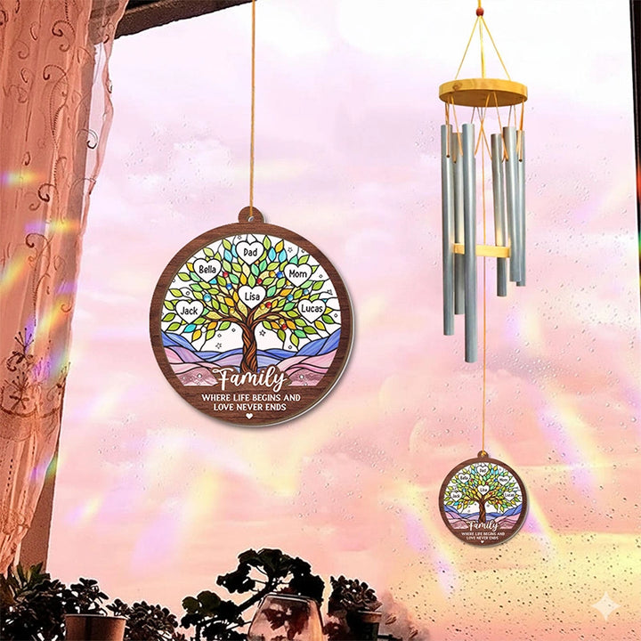 Personalized Family Tree Wind Chimes with Suncatcher – Custom Family Gift from Grandkids