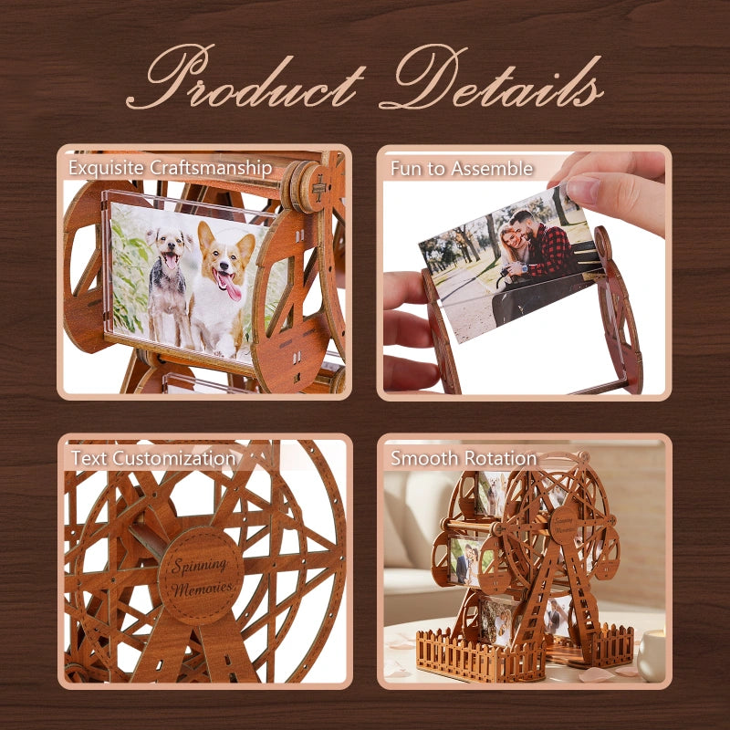Personalized Ferris Wheel Photo Frame – Rotating Custom Picture Frame in Basswood, Wedding & Anniversary Gift for Couples