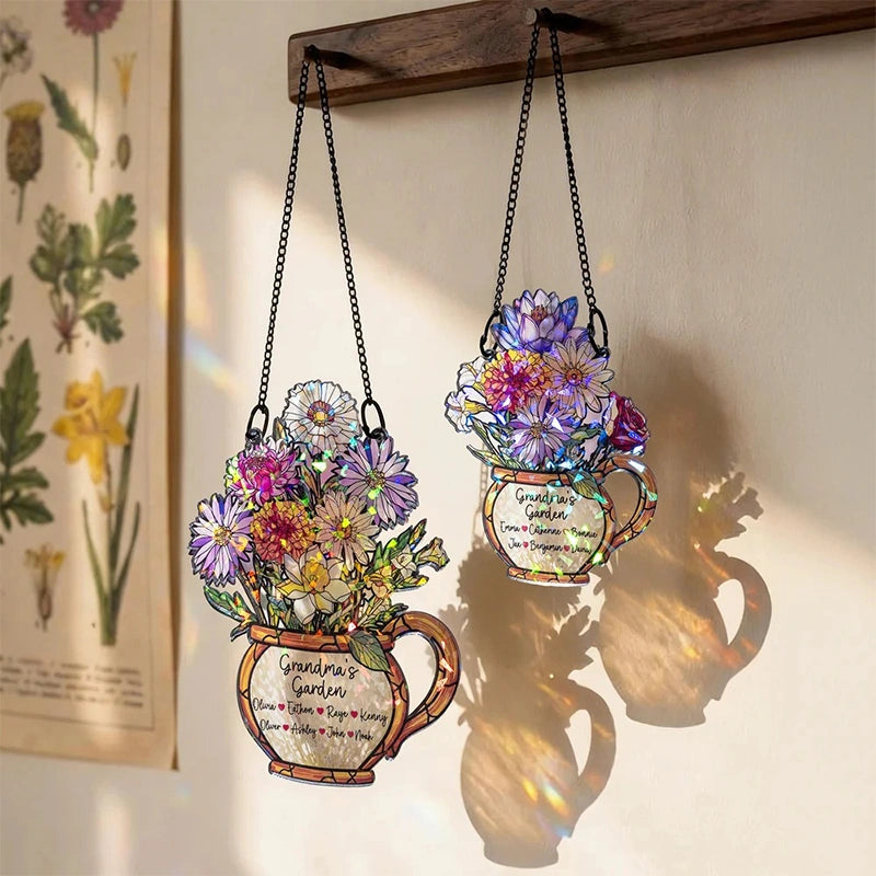 Personalized Grandma’s Garden Birth Flower Suncatcher – Custom Names Stained Glass Acrylic Window Decor Gift (1–10 Names)