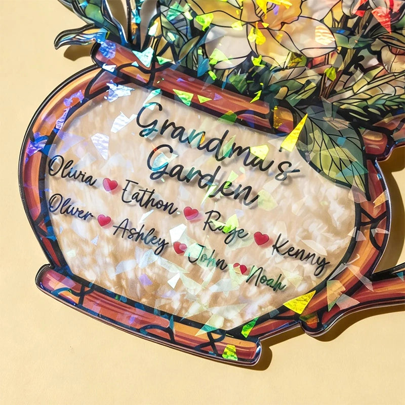 Personalized Grandma’s Garden Birth Flower Suncatcher – Custom Names Stained Glass Acrylic Window Decor Gift (1–10 Names)