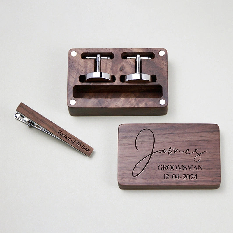 Personalized Groomsmen Cufflinks & Tie Clip Set – Custom Engraved Walnut Cuff Links with Name | Best Man & Wedding Gifts