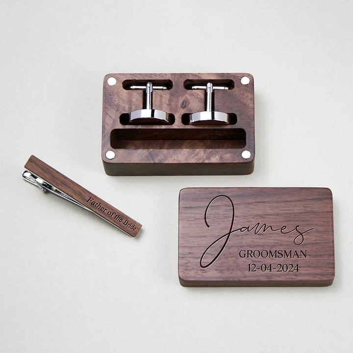 Personalized Groomsmen Cufflinks & Tie Clip Set – Custom Engraved Walnut Cuff Links with Name | Best Man & Wedding Gifts