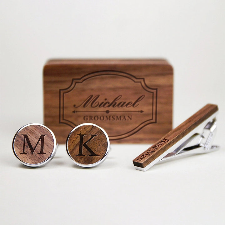 Personalized Groomsmen Cufflinks & Tie Clip Set – Custom Engraved Walnut Cuff Links with Name | Best Man & Wedding Gifts