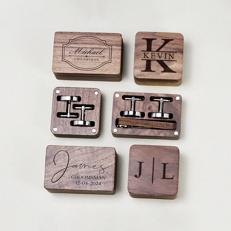 Personalized Groomsmen Cufflinks & Tie Clip Set – Custom Engraved Walnut Cuff Links with Name | Best Man & Wedding Gifts