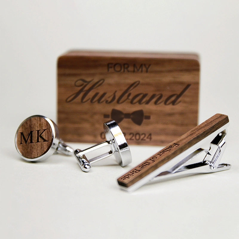 Personalized Groomsmen Cufflinks & Tie Clip Set – Custom Engraved Walnut Cuff Links with Name | Best Man & Wedding Gifts