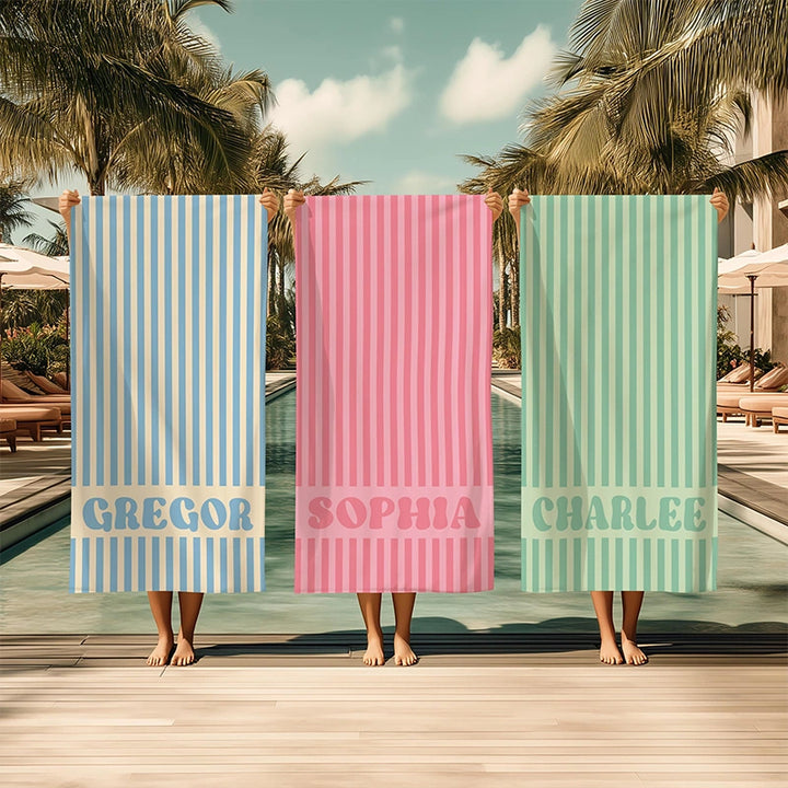 Personalized Groovy Striped Beach Towel with Name – Retro Bachelorette Party & Bridesmaid Gift