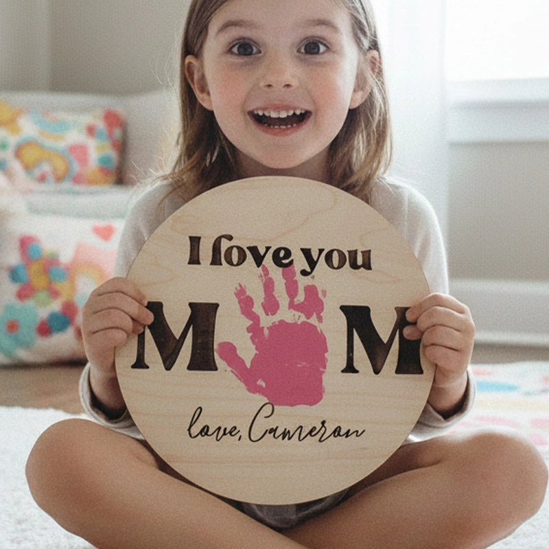 Personalized Handprint “I Love You Mom” Wood Sign – DIY Kids Handprint Mother’s Day Gift, Custom Name Keepsake