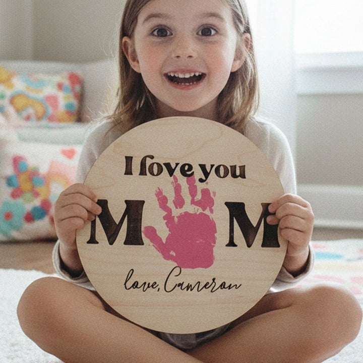 Personalized Handprint “I Love You Mom” Wood Sign – DIY Kids Handprint Mother’s Day Gift, Custom Name Keepsake