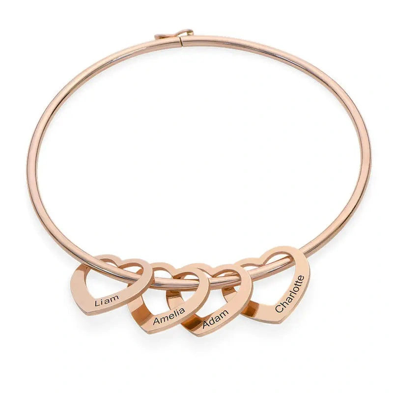 Personalized Heart Charm Bangle Bracelet – Custom Names Bracelet for Mom