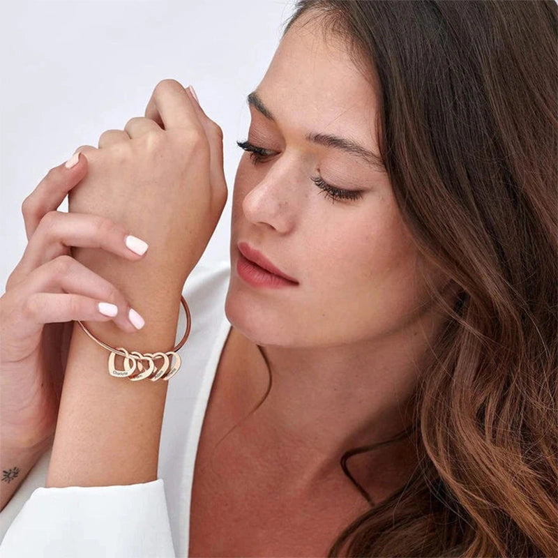Personalized Heart Charm Bangle Bracelet – Custom Names Bracelet for Mom