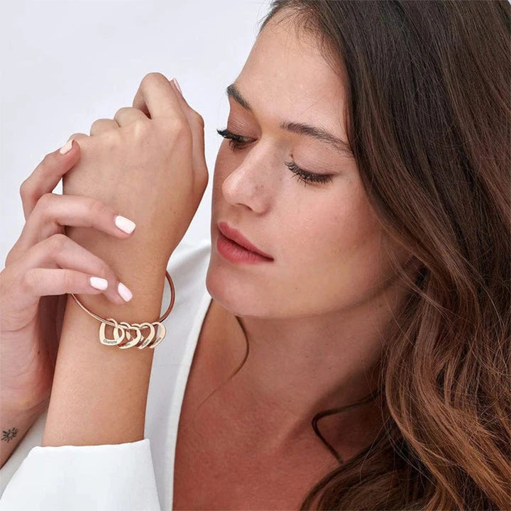 Personalized Heart Charm Bangle Bracelet – Custom Names Bracelet for Mom