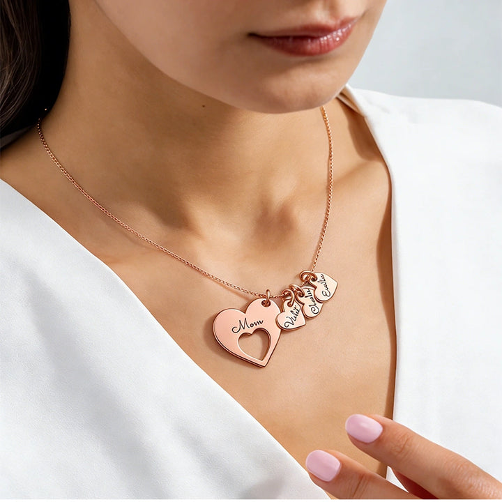 Personalized Heart Necklace for Mom with Kids Names – Engraved Multiple Name Necklace, Mother’s Day Gift