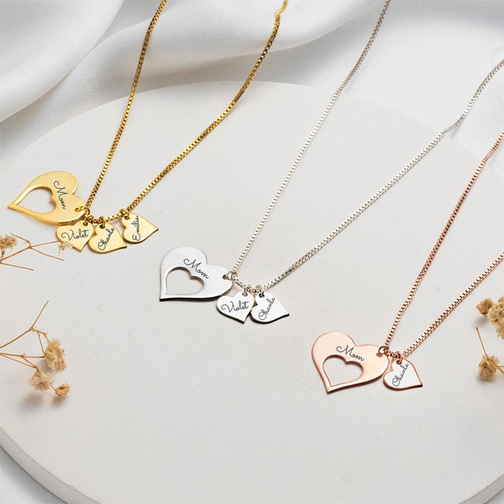 Personalized Heart Necklace for Mom with Kids Names – Engraved Multiple Name Necklace, Mother’s Day Gift