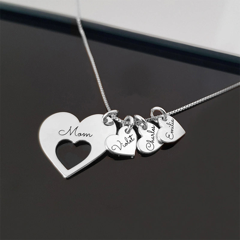 Personalized Heart Necklace for Mom with Kids Names – Engraved Multiple Name Necklace, Mother’s Day Gift