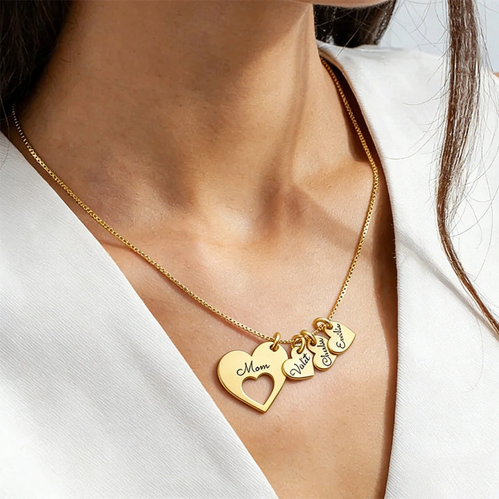 Personalized Heart Necklace for Mom with Kids Names – Engraved Multiple Name Necklace, Mother’s Day Gift