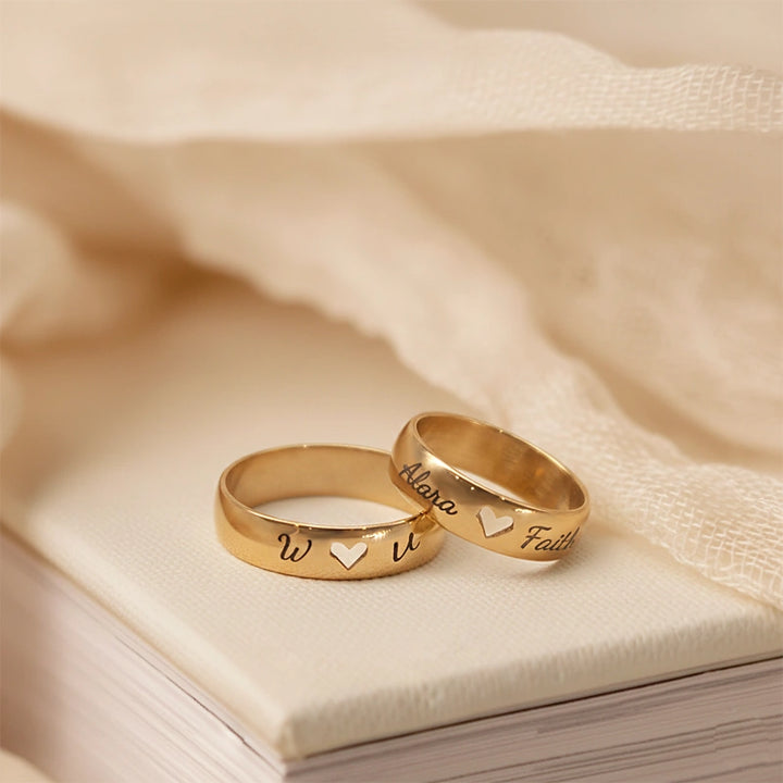 Personalized Name Engraved Hollow Heart Ring – Custom Gift for Couple