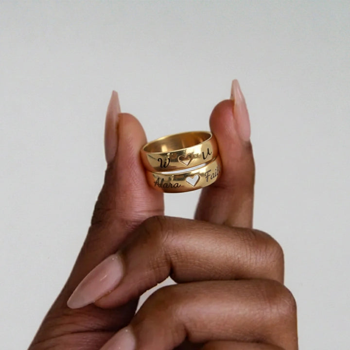 Personalized Name Engraved Hollow Heart Ring – Custom Gift for Couple