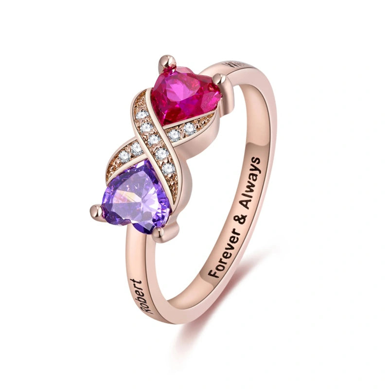 Personalized Infinity Ring with Heart Birthstones – Custom Engraved Name Ring for Mom | Mother’s Day Gift for Her
