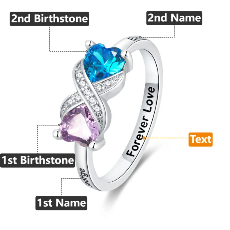 Personalized Infinity Ring with Heart Birthstones – Custom Engraved Name Ring for Mom | Mother’s Day Gift for Her