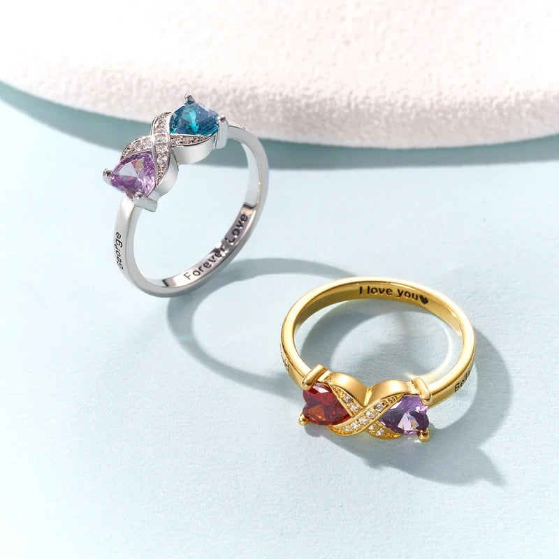 Personalized Infinity Ring with Heart Birthstones – Custom Engraved Name Ring for Mom | Mother’s Day Gift for Her