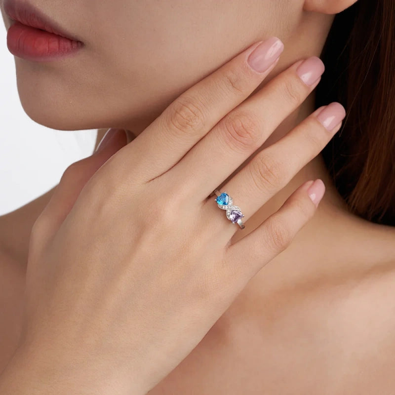 Personalized Infinity Ring with Heart Birthstones – Custom Engraved Name Ring for Mom | Mother’s Day Gift for Her