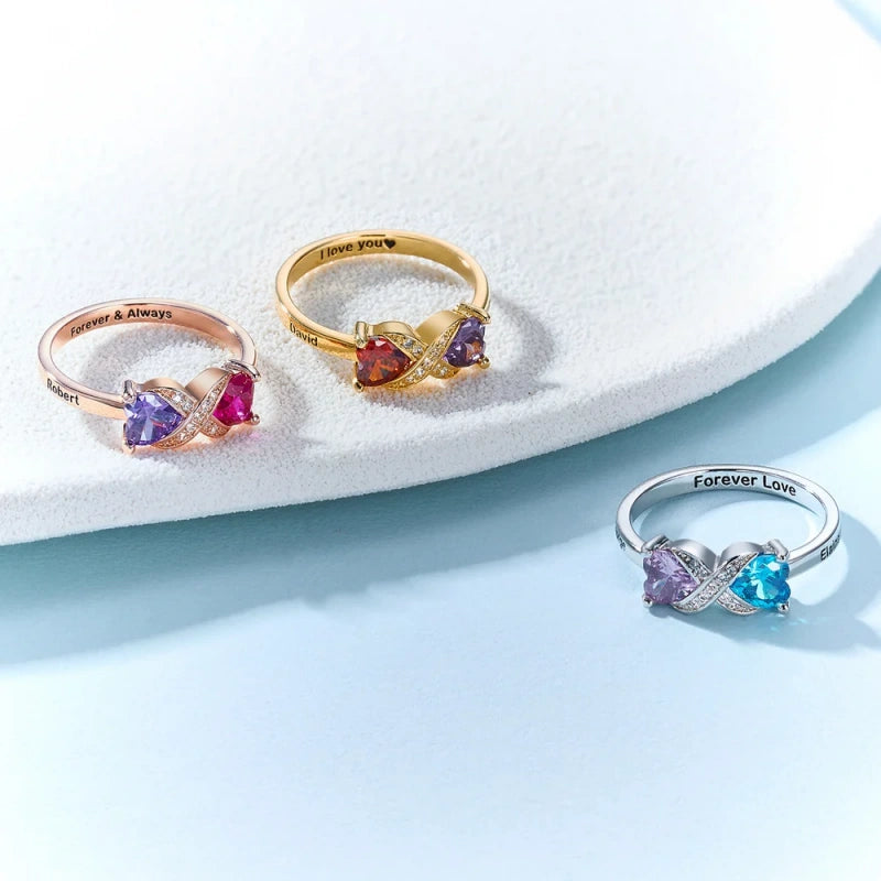 Personalized Infinity Ring with Heart Birthstones – Custom Engraved Name Ring for Mom | Mother’s Day Gift for Her