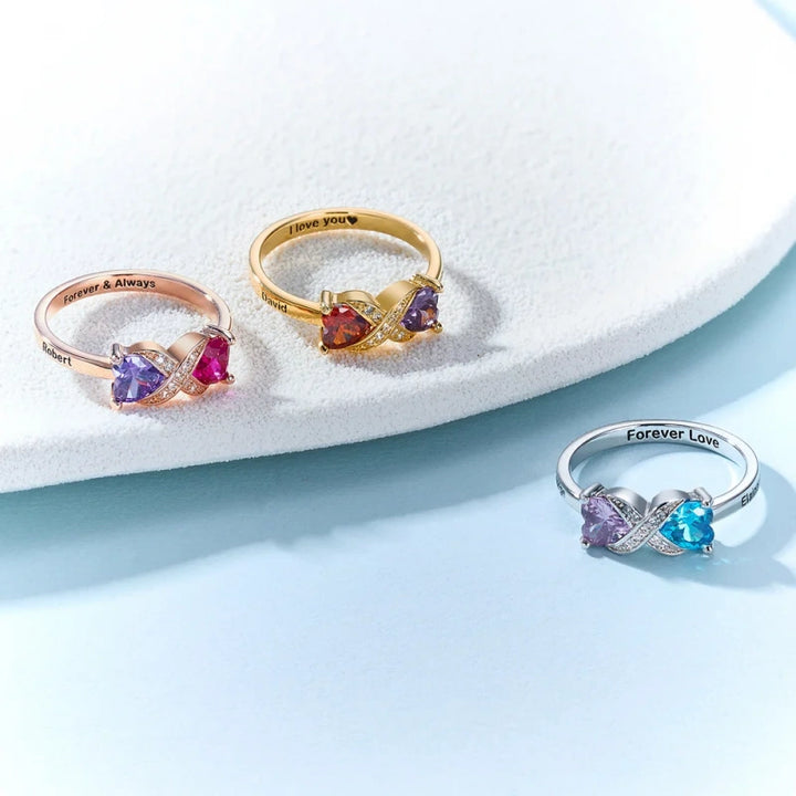 Personalized Infinity Ring with Heart Birthstones – Custom Engraved Name Ring for Mom | Mother’s Day Gift for Her